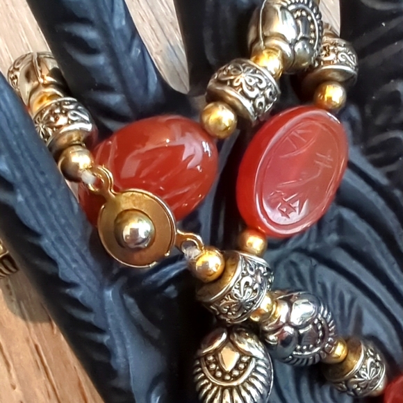 Vintage Egyptian Revival Hand Carved Double Sided Carnelian Scarabs Necklace - Picture 7 of 10